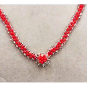 Orange & Clear Seed Bead Woven Necklace 16"